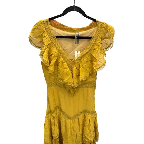NWT By Anthropologie Mustard Ruffle V-Neck Midi Dress XS Viscose Boho Romantic - Picture 6 of 12